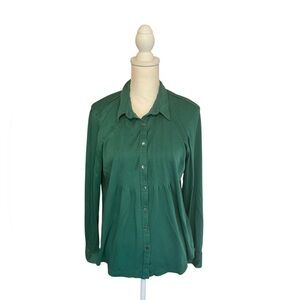L.L. Bean 100% Supima Cotton Green Pintuck Button Up Blouse Casual Size XL
